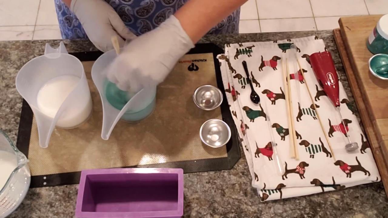 Mixing green and pink mica into the soap