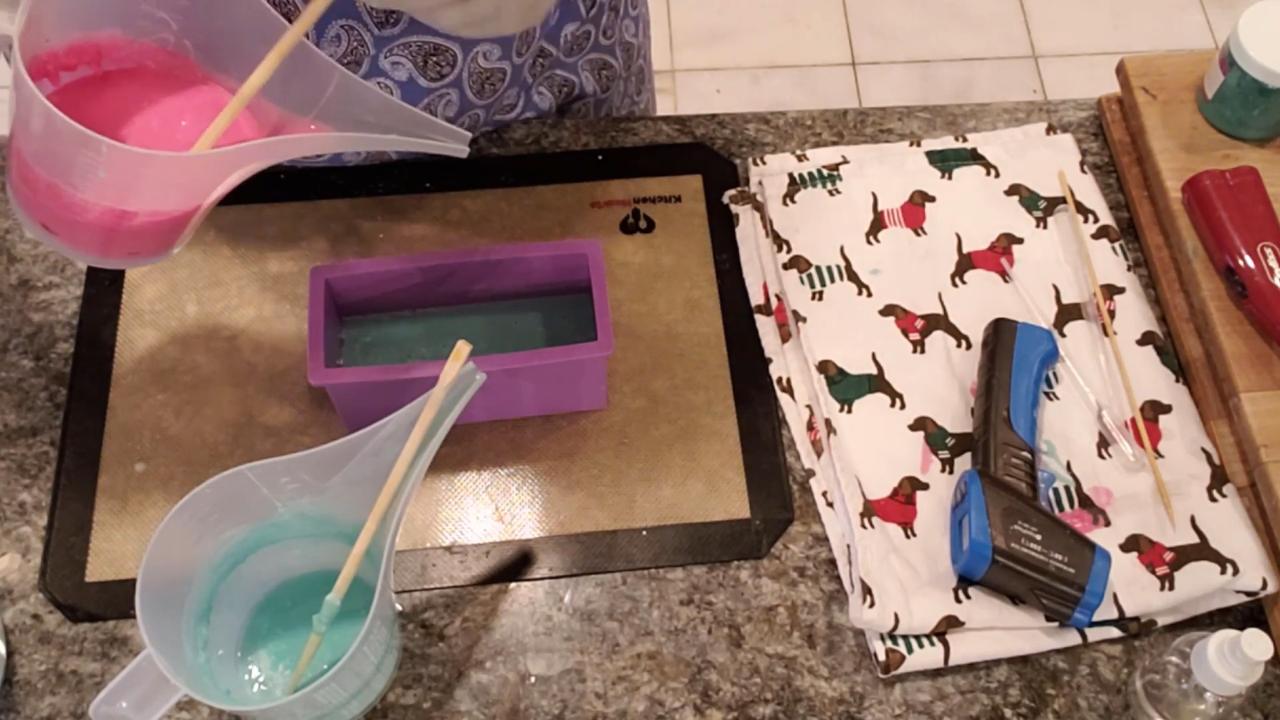 Pouring pink soap from up high