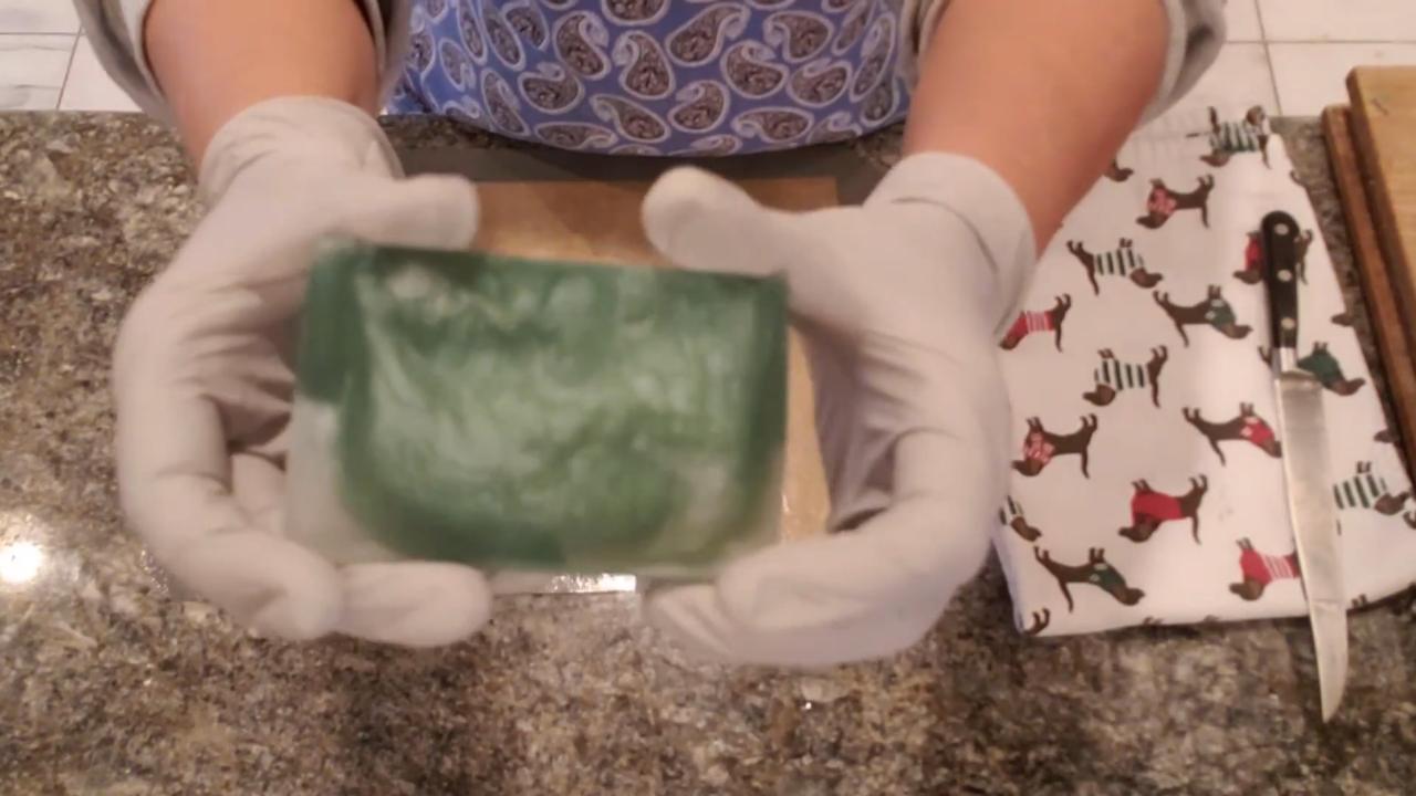 Finished pine green and pearl swirl soap bar
