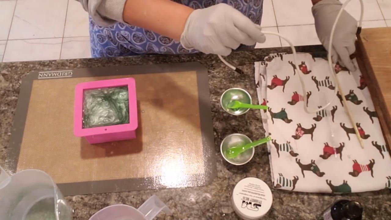 Swirled top of the green and pearl soap