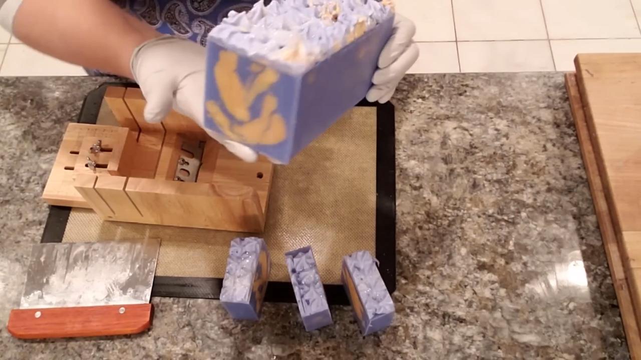 Cut bars of blue and gold frosted soap