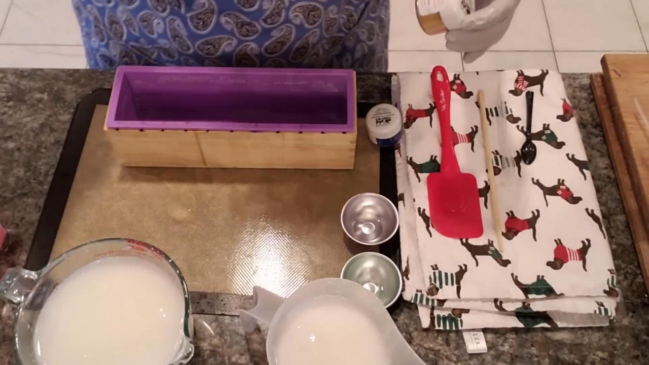 Melted clear soap base lightened with titanium dioxide