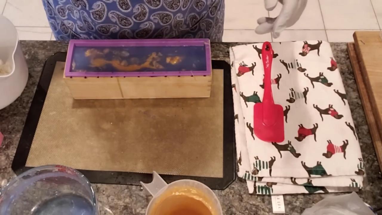 Blue and gold soap poured in the loaf mold