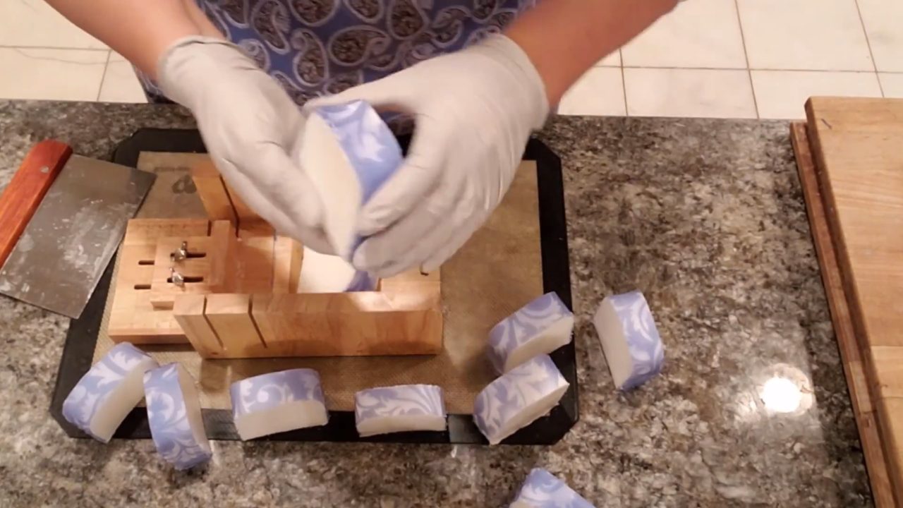 Cut bars of Blue Ice melt and pour soap with an impression mat pattern