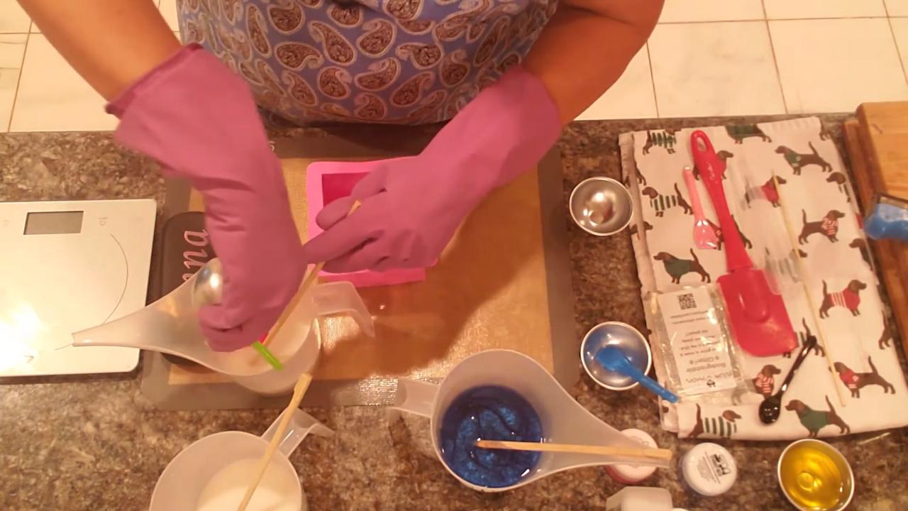 Adding bio glitter to the blue clear soap