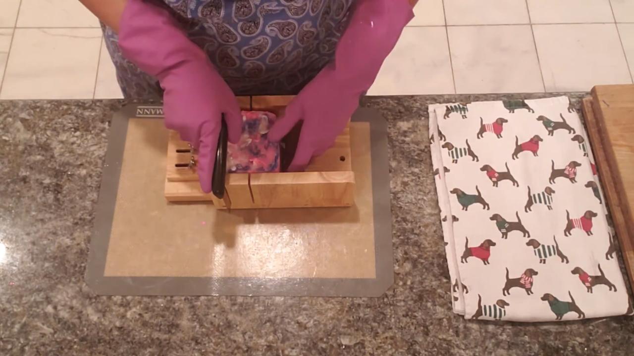 Cutting the Blue Waves soap into bars