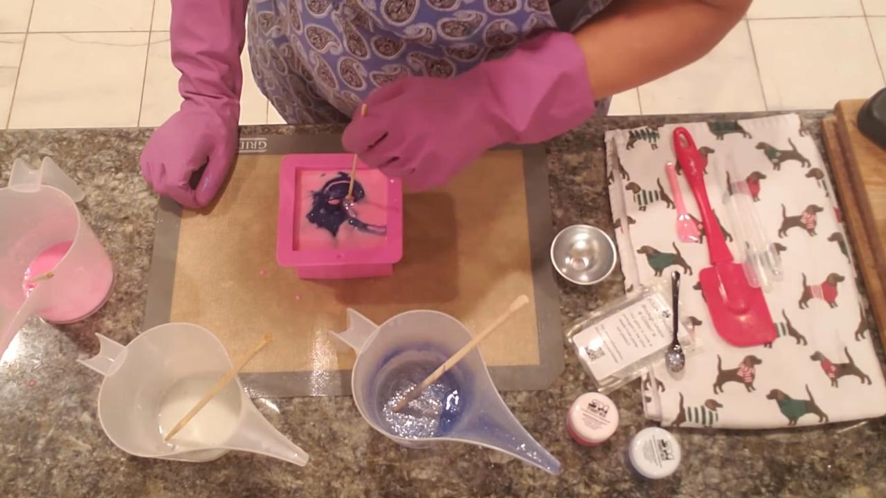 Blue, pink and white soap swirled in the mold