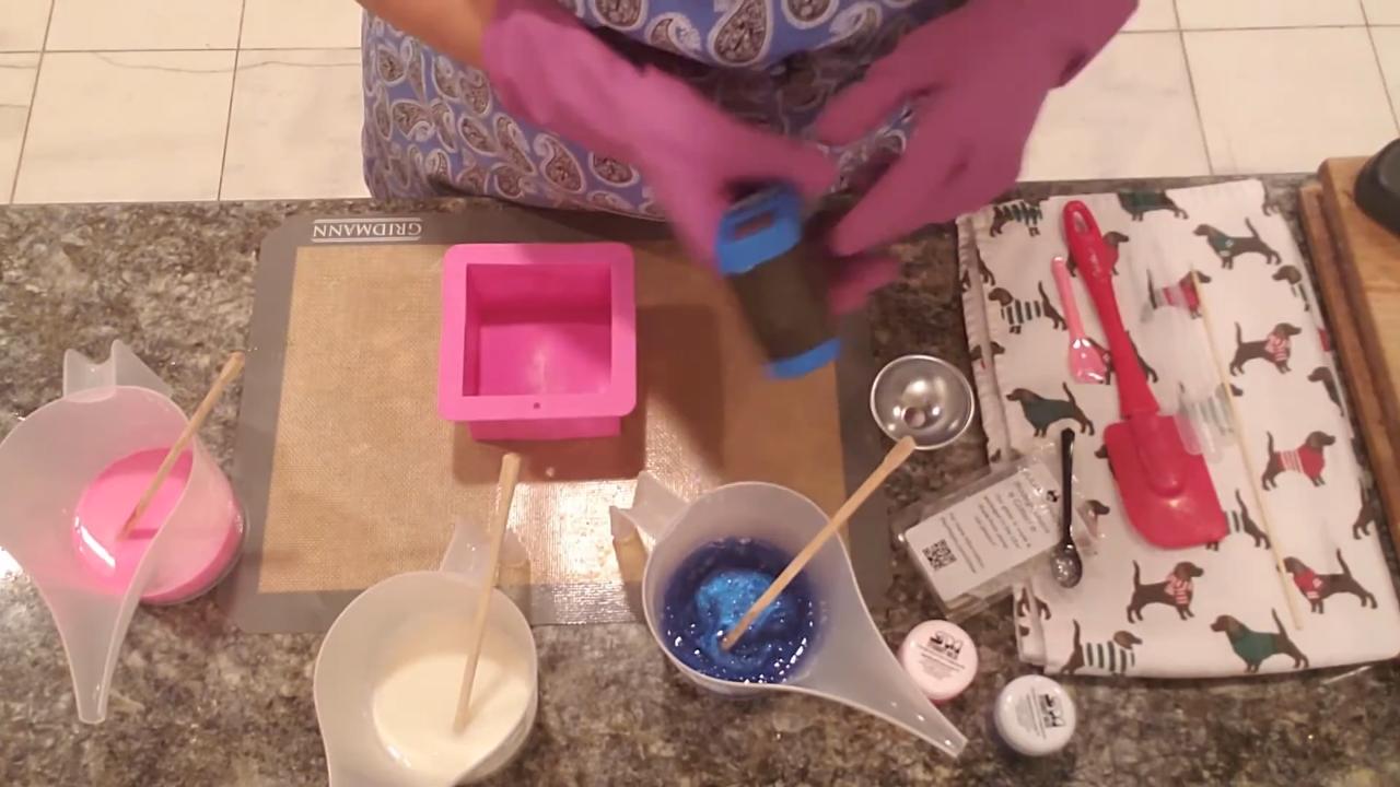 Blue, pink and white soap ready to pour
