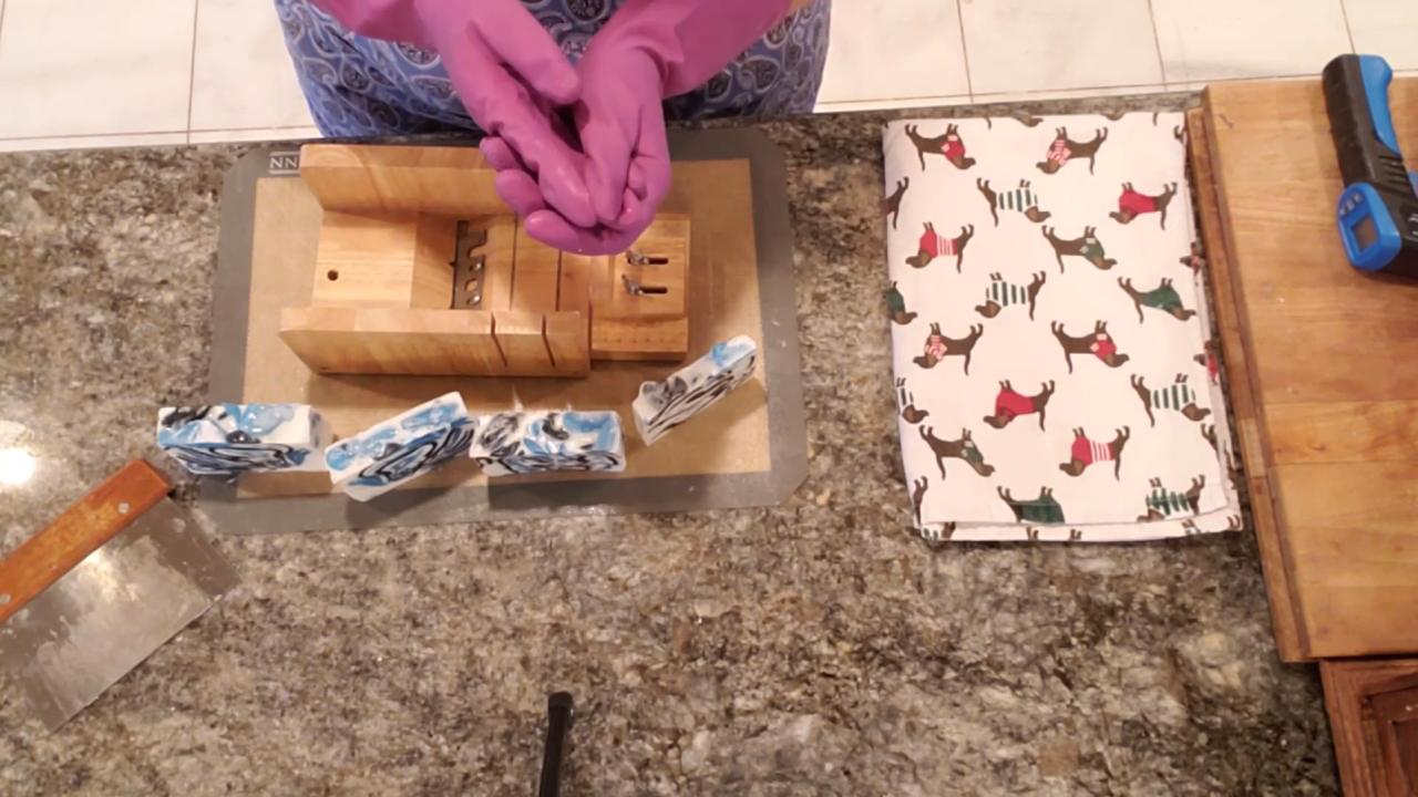 Finished black, blue and white charcoal marble soap bars