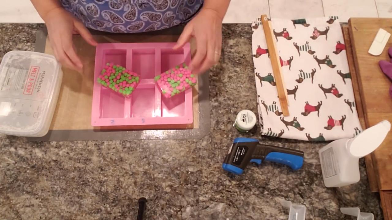 Finished clear melt and pour soaps with neon bead embeds