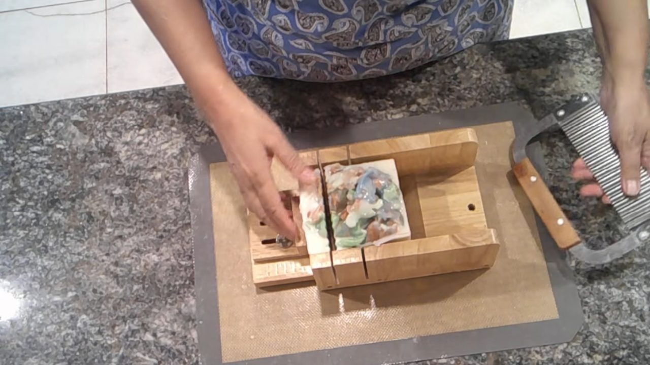 Cutting the Coral Lagoon soap loaf with a soap cutter