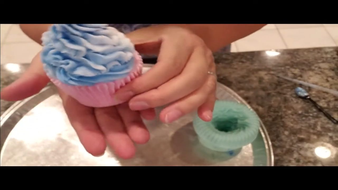 Finished cupcake swirl soap with blue swirled frosting and pink cake