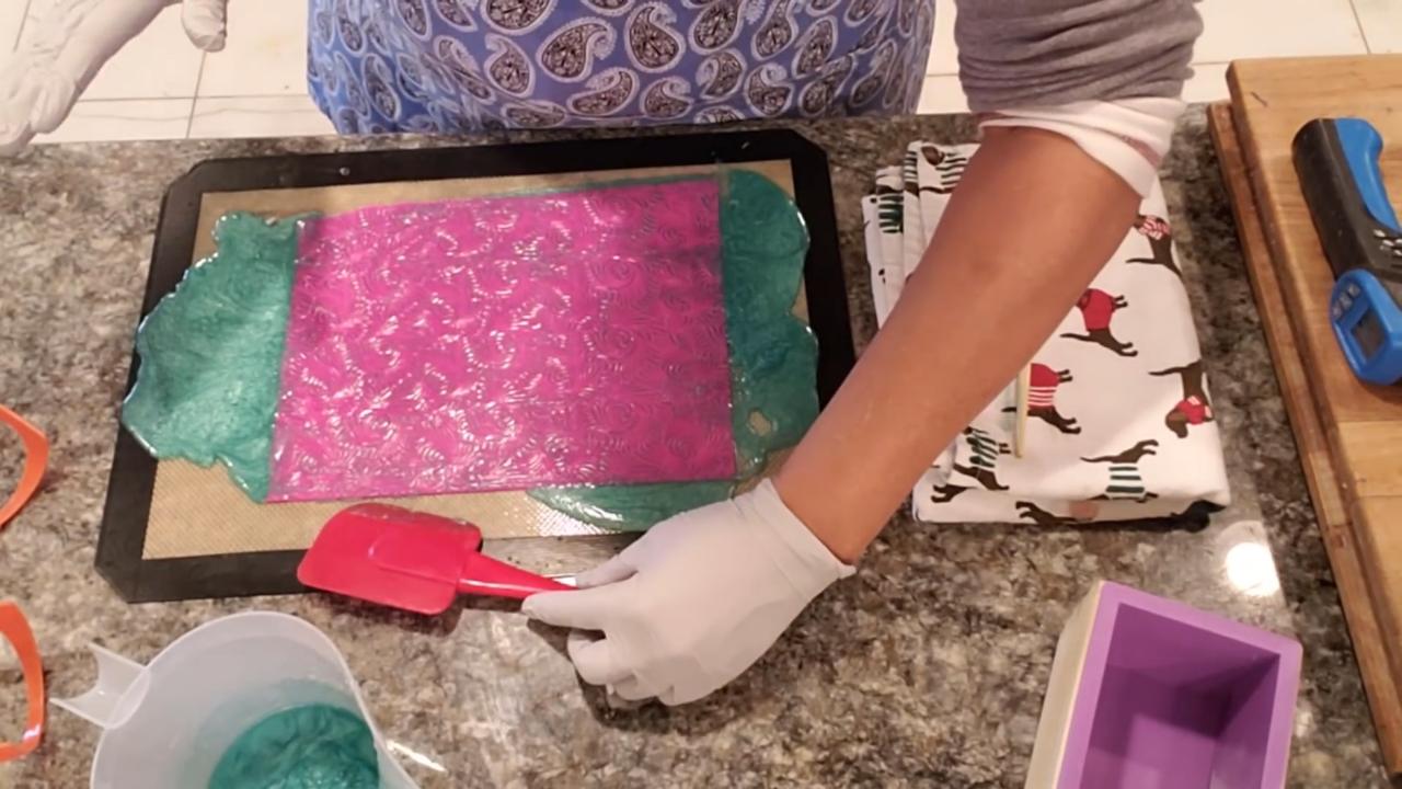 Thin colored soap left in the impression mat pattern
