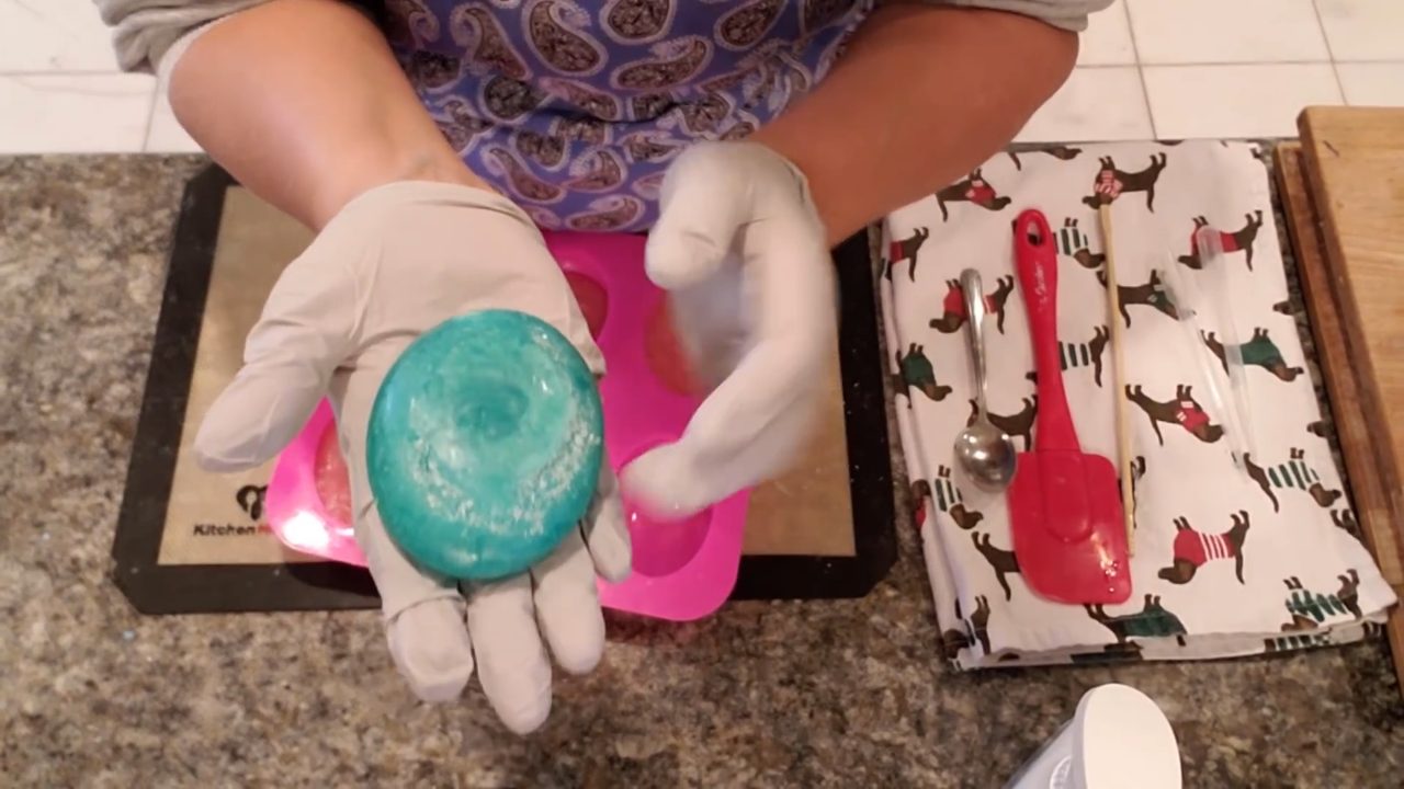 Unmolded green Epsom salt melt and pour soap bar