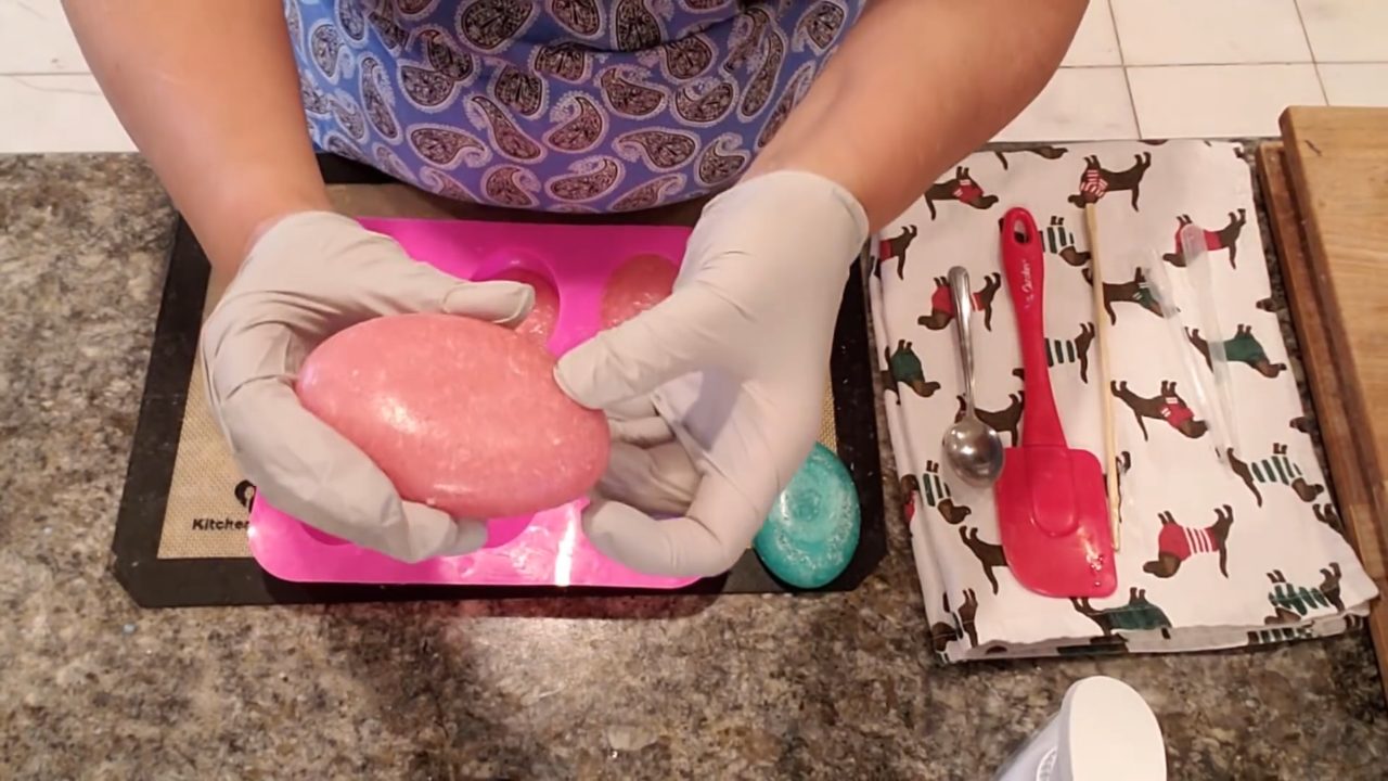Smooth pink Epsom salt melt and pour soap bar with salt speckles