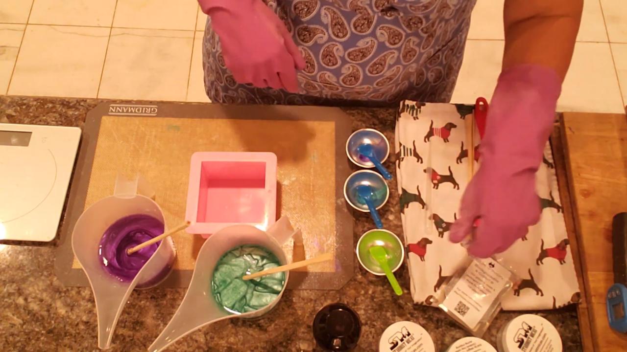 Purple and green soap ready to pour