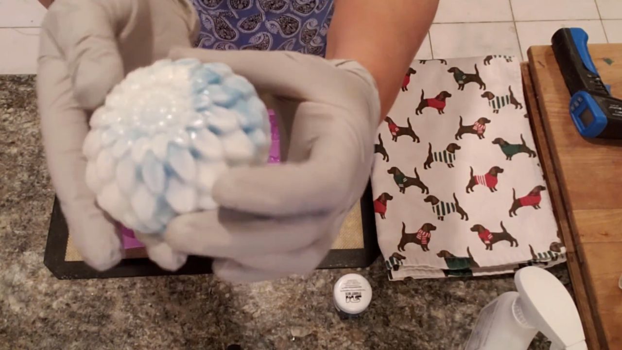 Unmolded blue and white flower swirl melt and pour soap