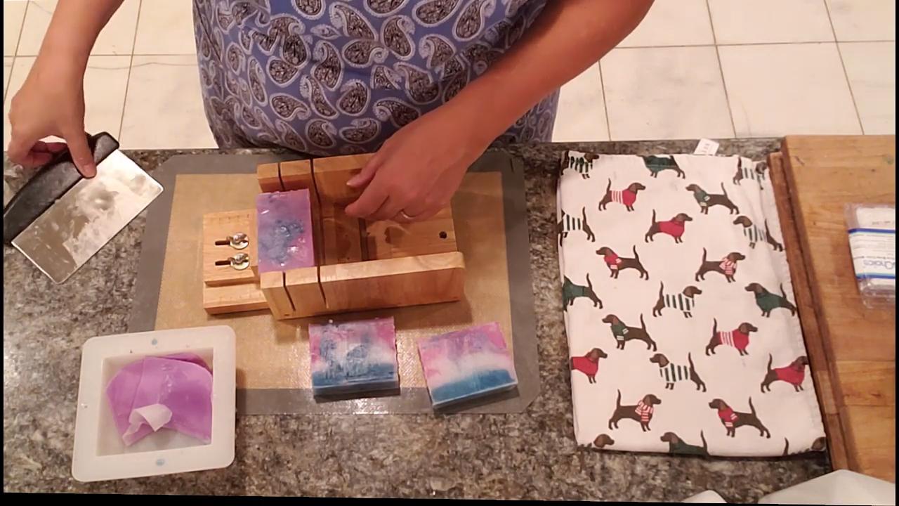 Cut bars of pink, blue and white funnel swirl soap