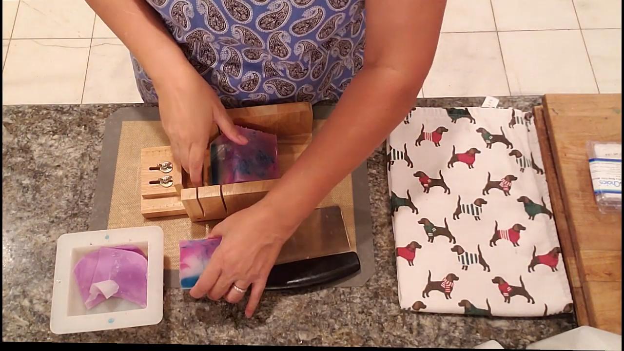 Cutting the funnel swirl soap loaf