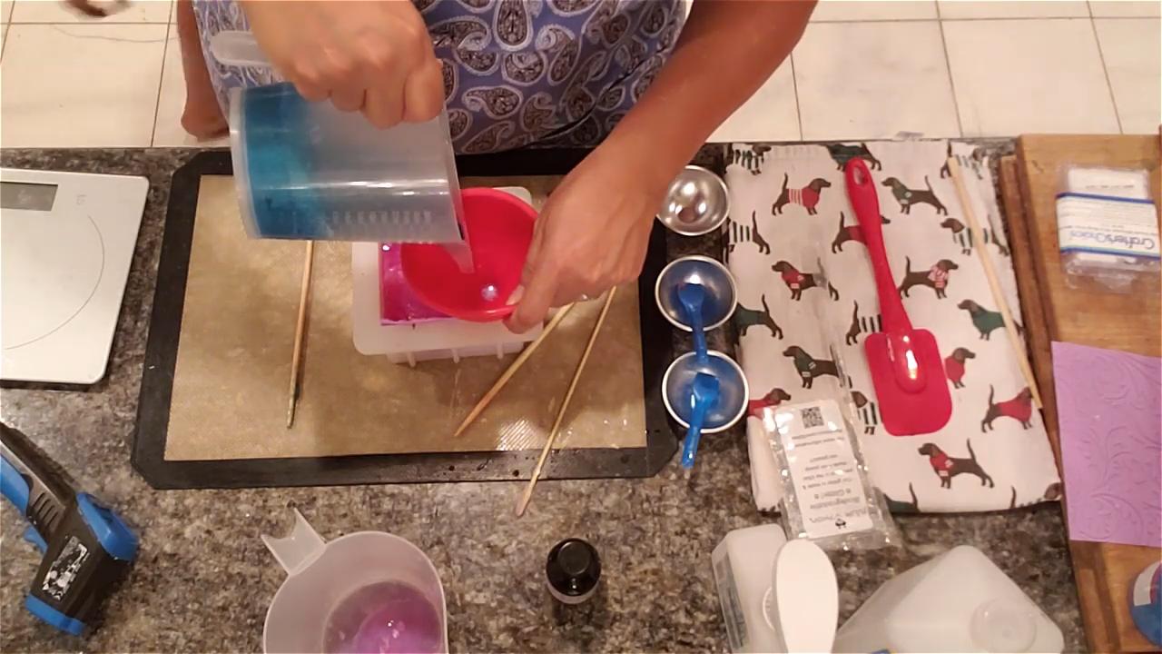 Thick pink soap clogging the funnel
