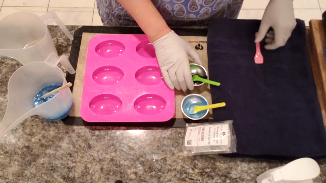 Mixing Blue Slushie color into melted clear melt and pour soap