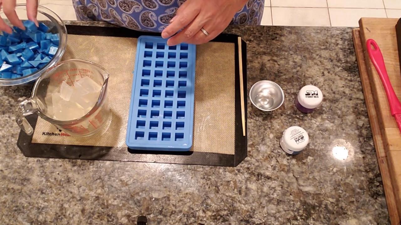 Blue clear soap squares in a mini square embed mold