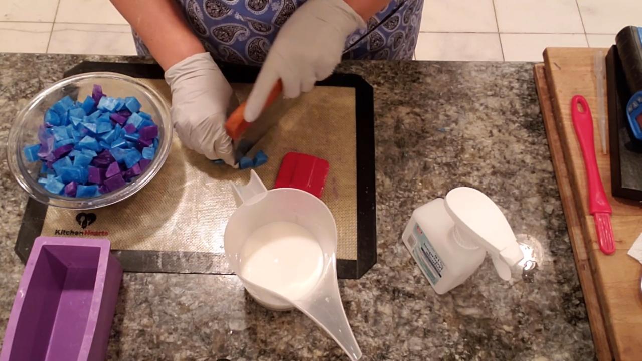 Bowl of chopped blue and purple soap embeds