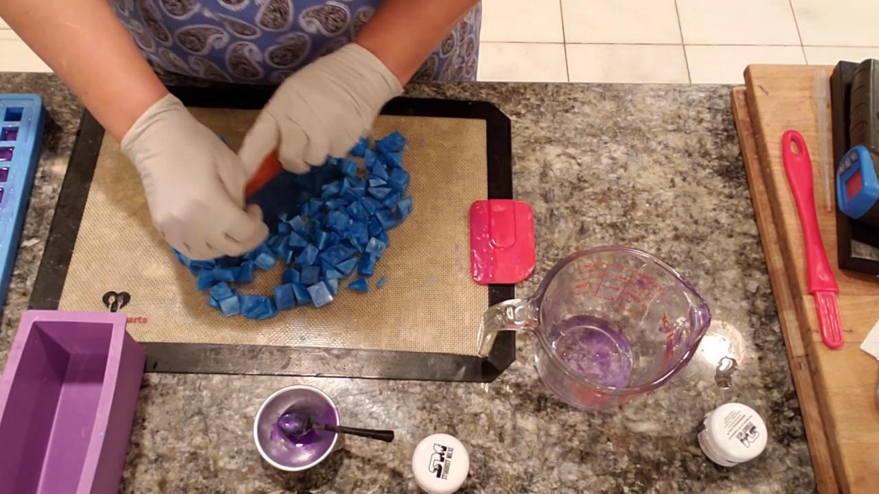 Chopping soap embeds into small angled pieces