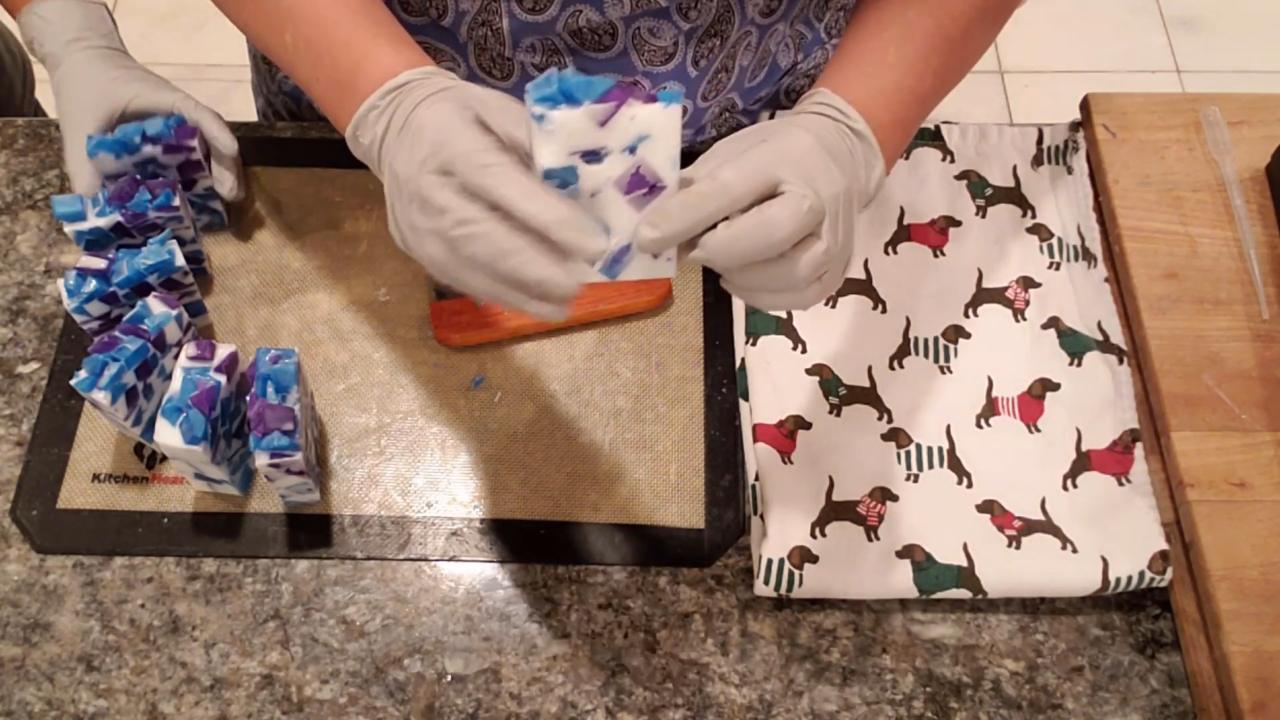 Cut bars of geometric blue and purple embed soap
