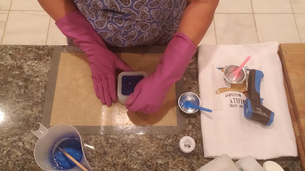 Square flower mold filled with blue soap