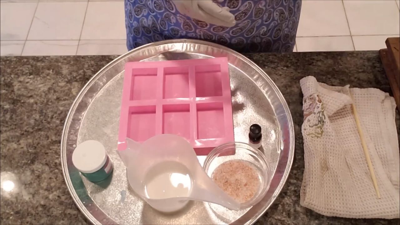 Shea butter melt and pour soap, pink Himalayan salt and a 6 cavity bar mold ready for soap making