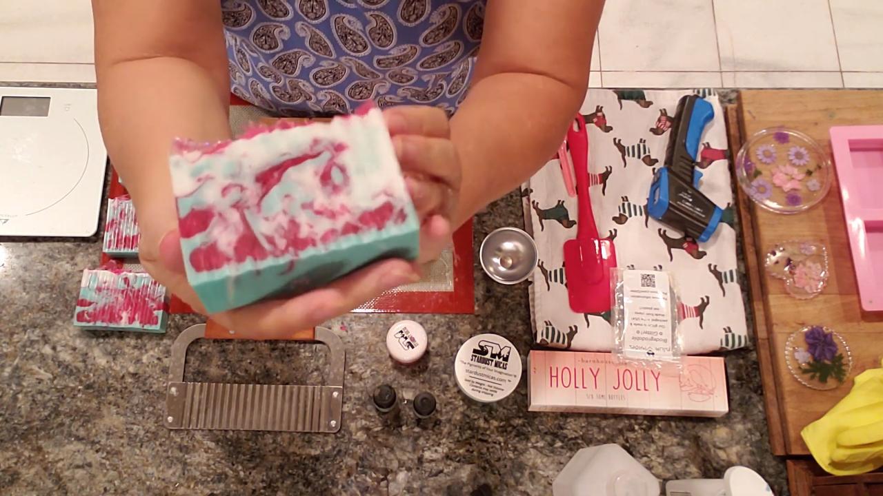Finished holiday swirl melt and pour soap bar with glitter