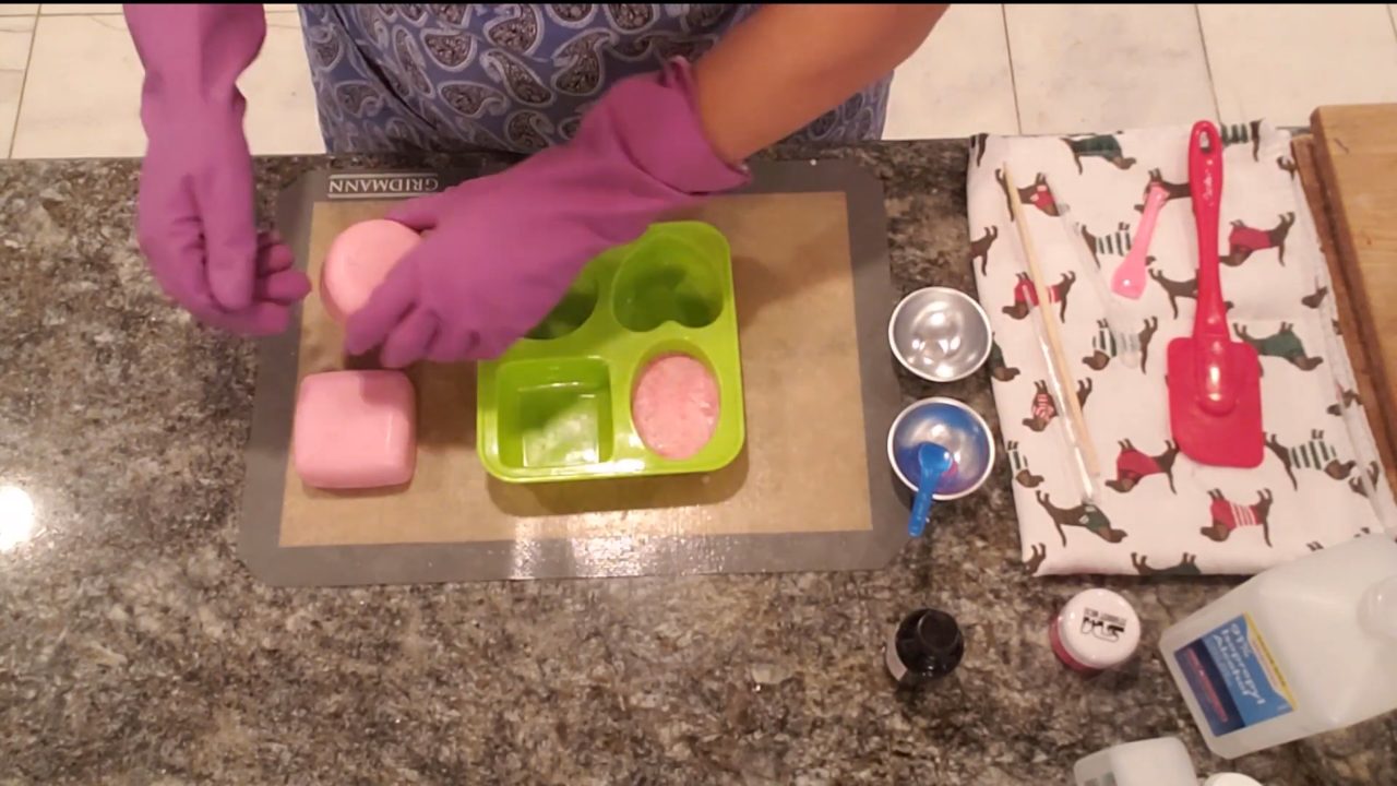 Unmolded pink coconut mango jojoba bead soaps