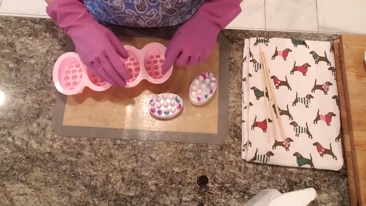 Finished massage bar melt and pour soaps with purple, blue and pink color