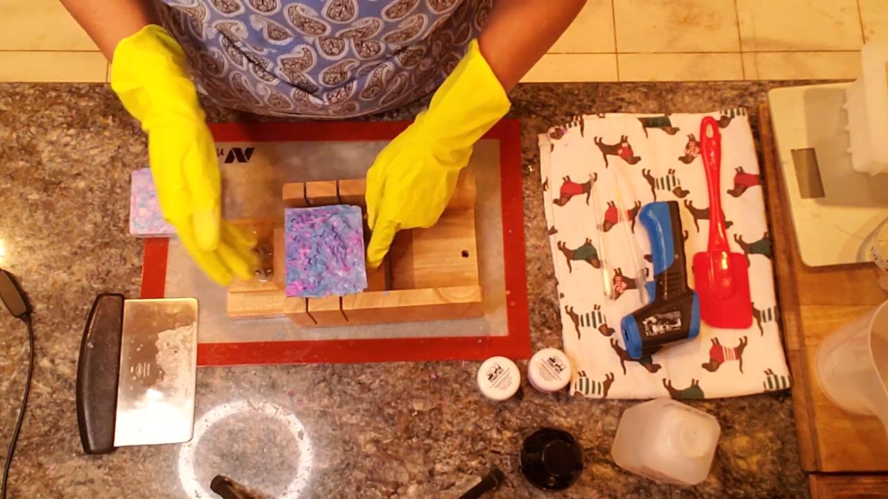 Cut bars of neon confetti melt and pour soap
