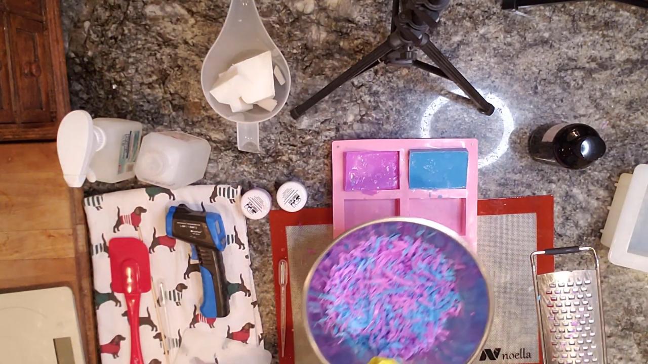 Bowl of grated neon blue and purple soap confetti
