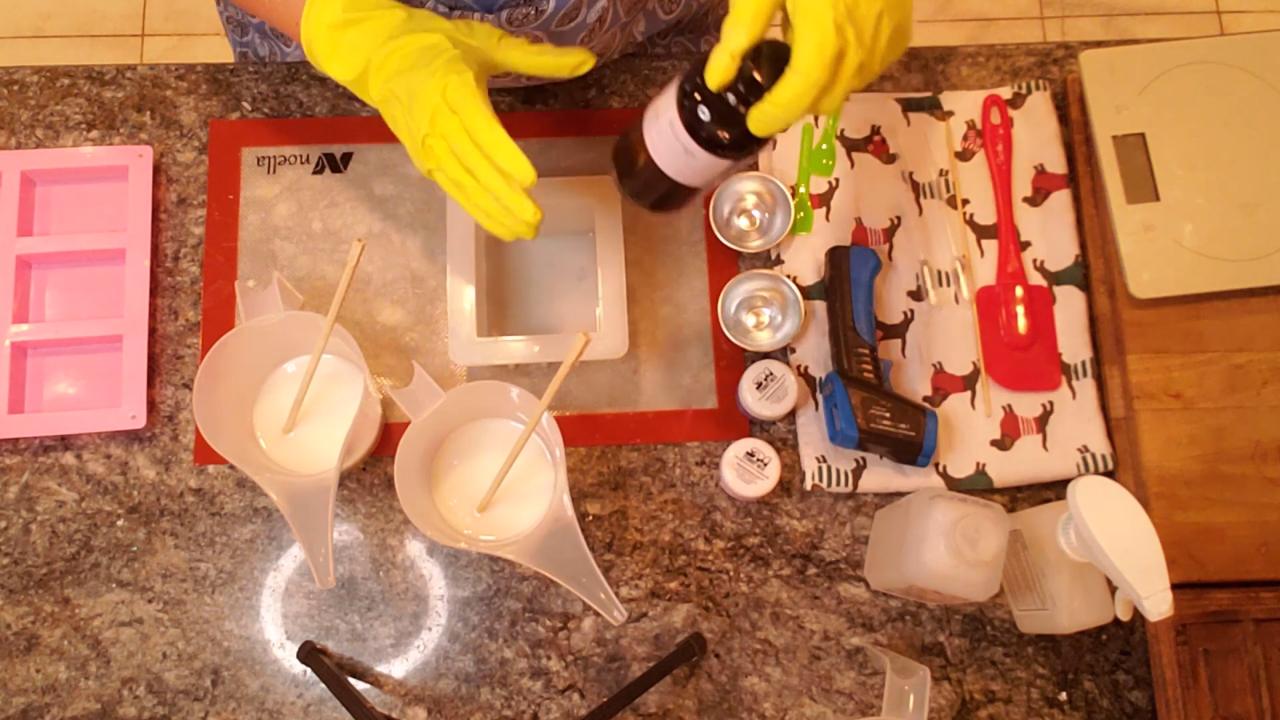 Mixing neon blue mica into melted shea butter soap