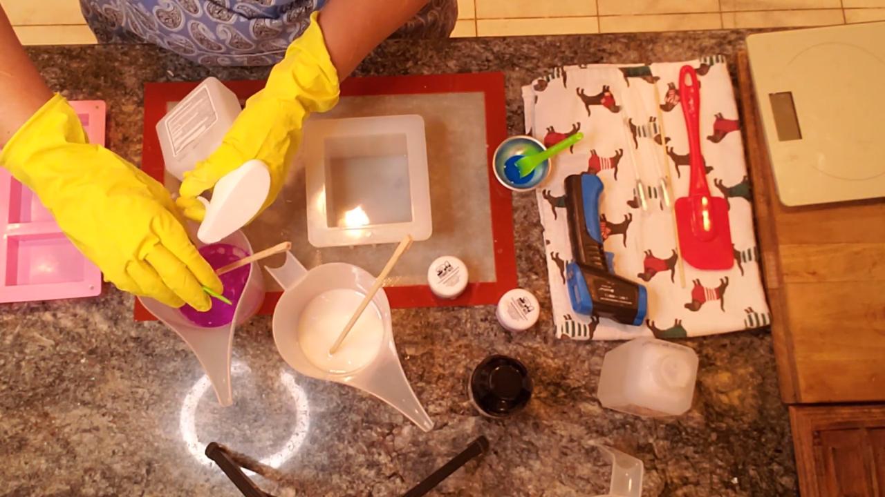 Mixing neon purple mica into melted soap