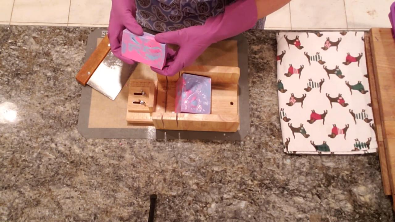 Cutting the neon marble swirl soap