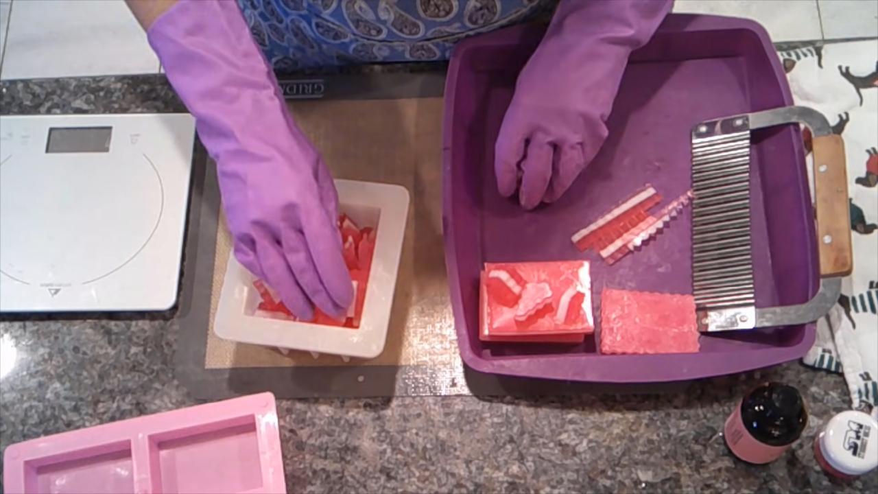Cutting layered soap into chunks