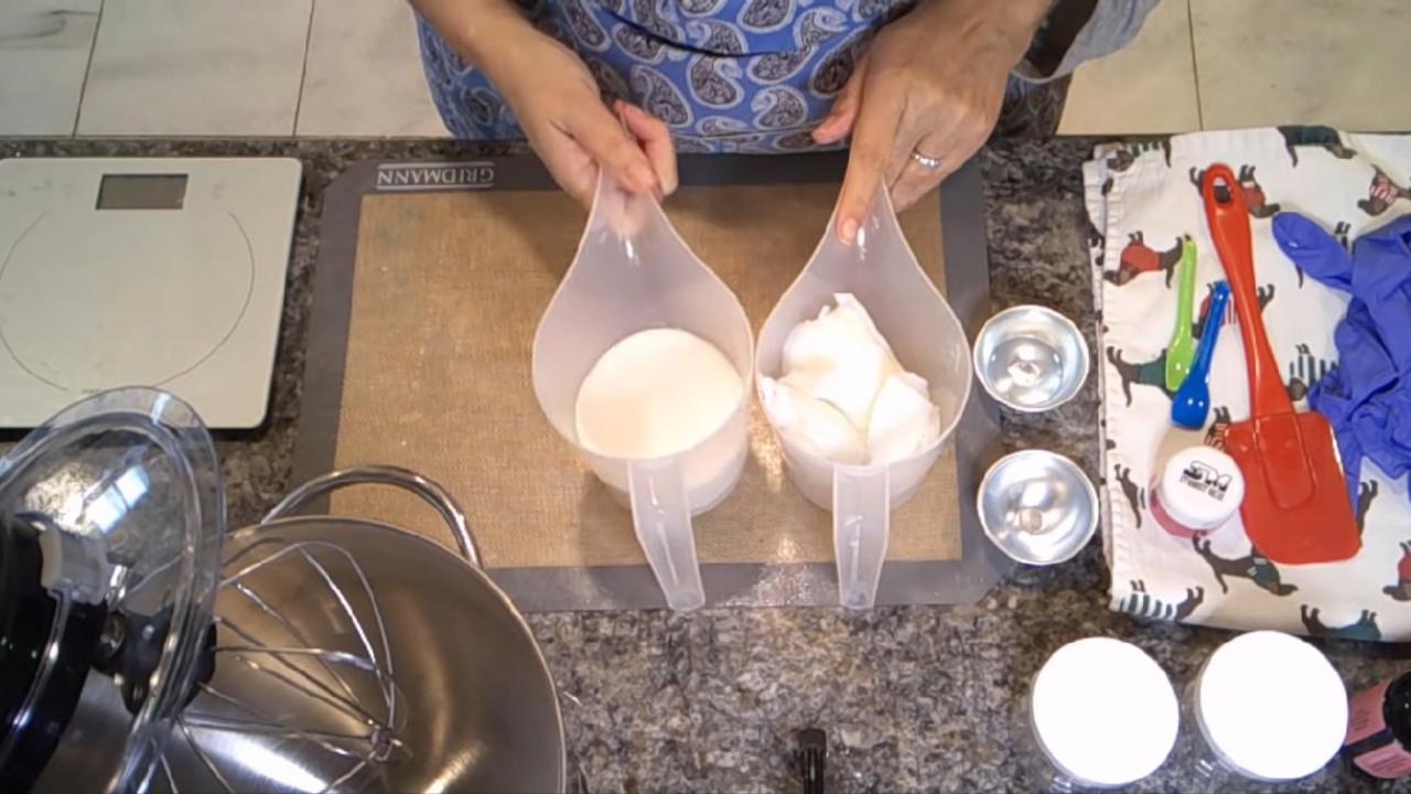 Foaming bath butter and sugar weighed out for sugar scrub