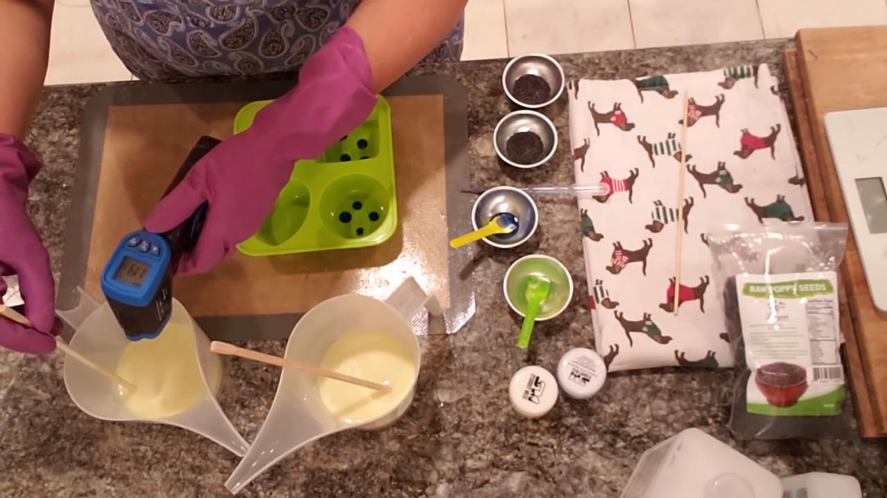 Adding poppy seeds to cooled yellow soap