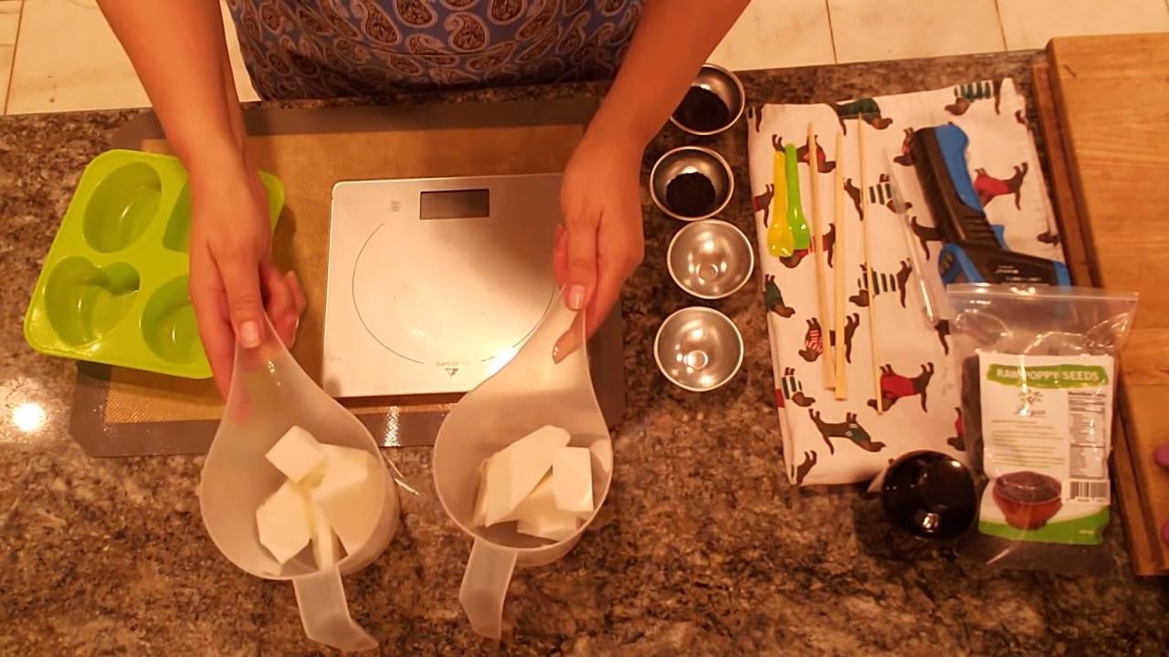 Measuring shea butter melt and pour base on a scale