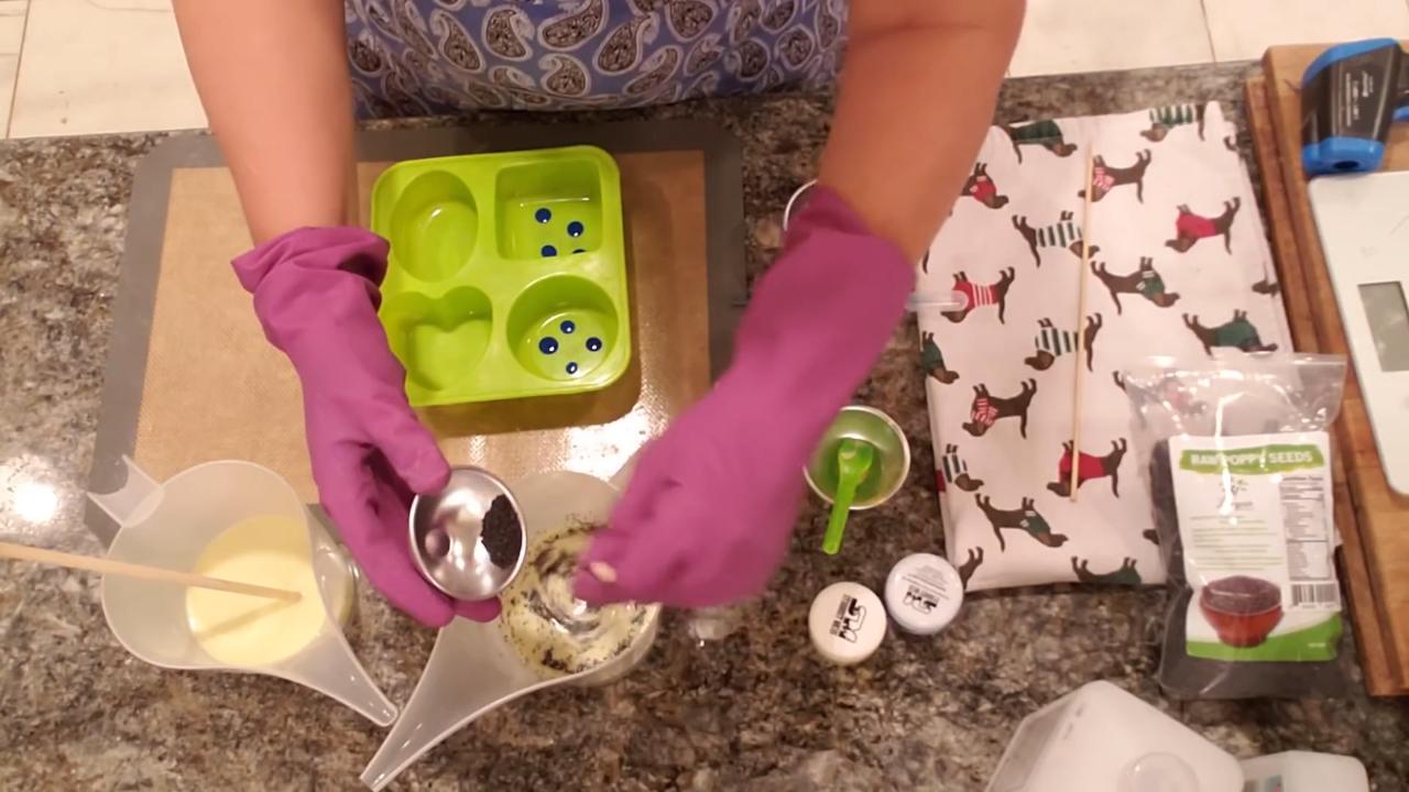Stirring poppy seeds into the soap