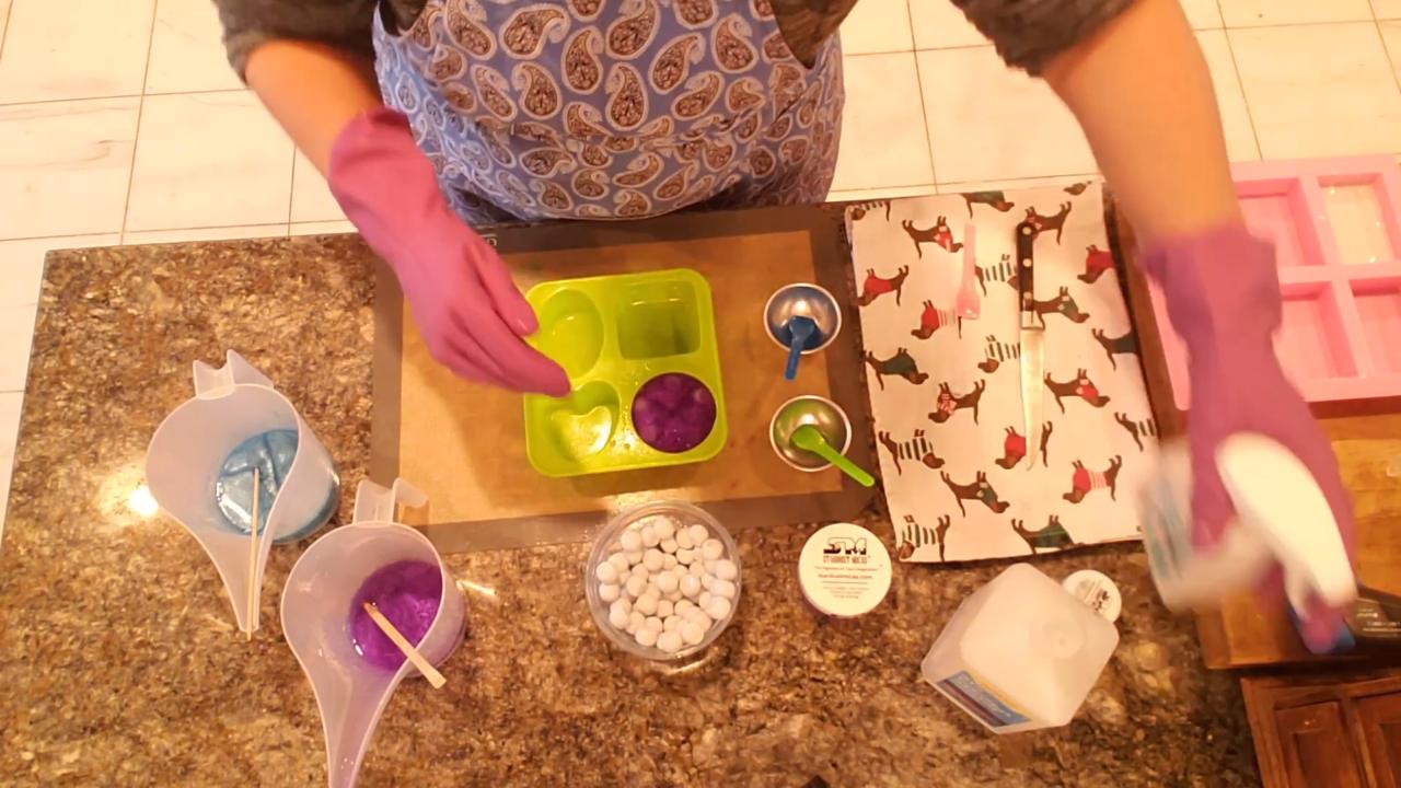 Adding white soap ball embeds to violet clear soap