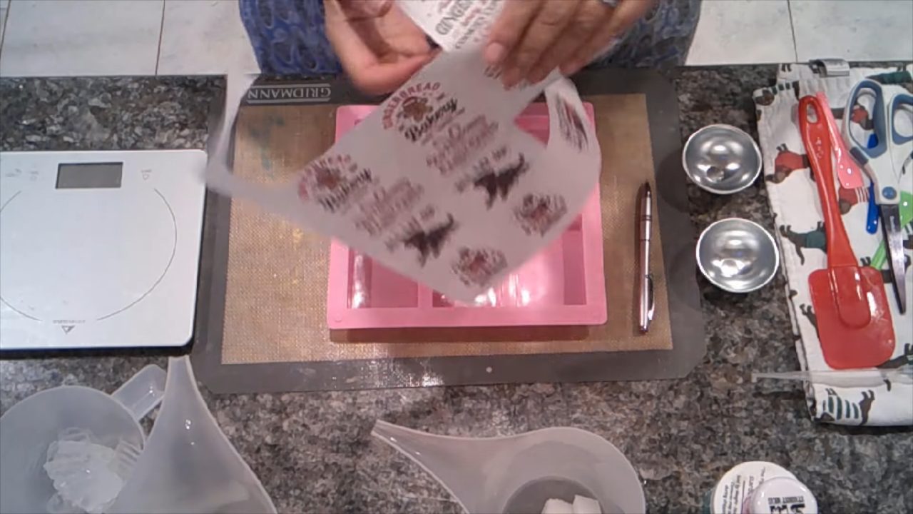 Winter bakery pictures printed on water soluble paper and cut to fit a soap mold