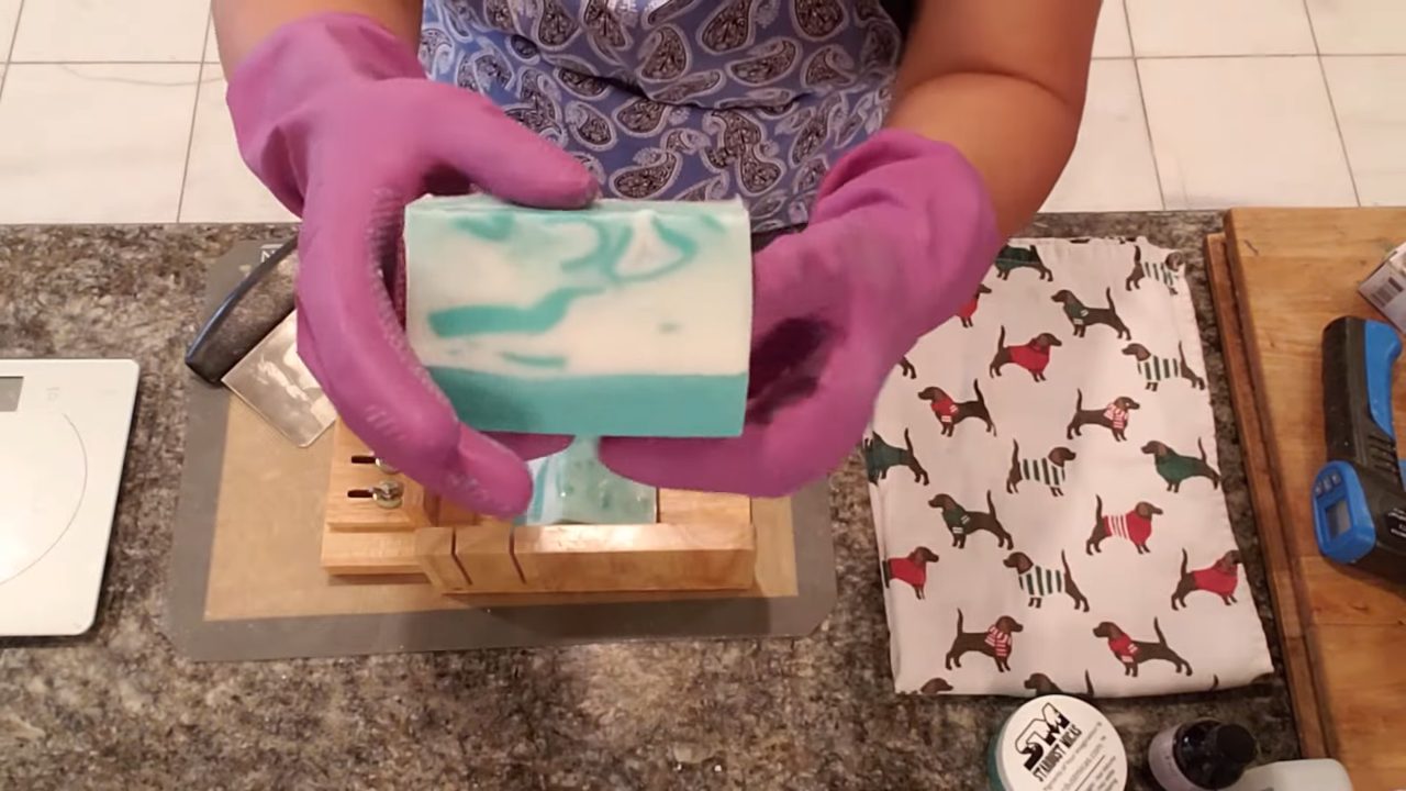Cut bar of Summer Meadow green and white melt and pour soap