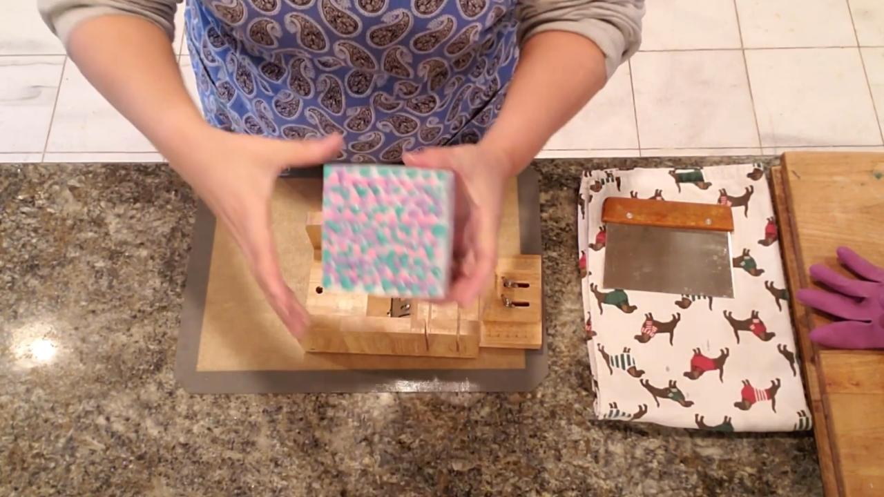 Unmolded soap loaf with a piped cobblestone top