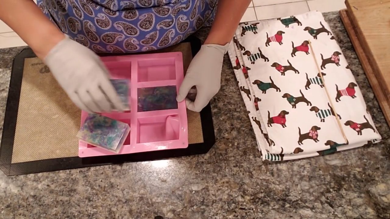 Unmolding tie dye soap made from leftover shavings