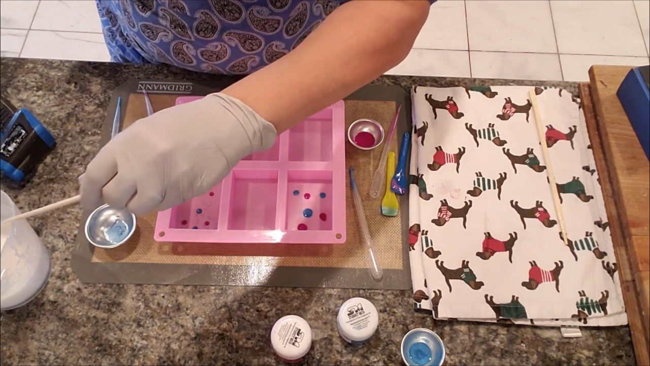 Pink and blue color drops in a pink 6 cavity soap mold